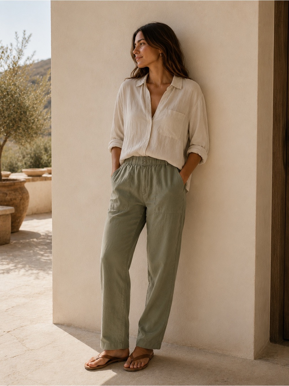 GAPNm| Linen Blend Pants | Sage Green | Relaxed Fit | Size L